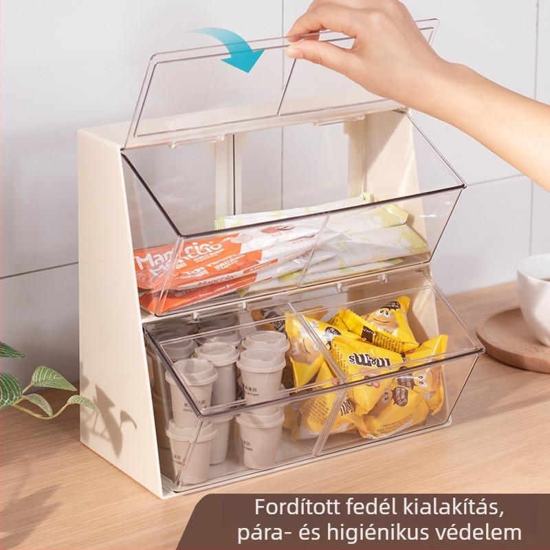 Asztali tároló doboz – ABS műanyag, 12 L, porvédett fedél, lehajtható fedél, teafiltereknek, kávékapszuláknak és nassolnivalóknak