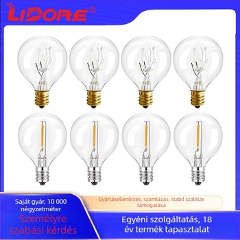 G40-es kültéri karácsonyi fényfüzér – üveg burkolat, csatlakoztatott tápellátás, modell G40-01, 110–240V, 7W wolframlámpa vagy 0.6W LED-lámpa