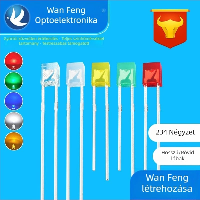 Négyzet alakú LED jelzőszemcsék – Sanan chip, 1.8–3.4 V, 20 mA, 0.06 W, fényáram 3.5–4.3 lm