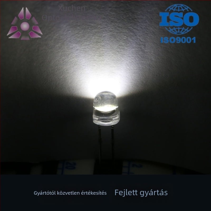 5 mm-es LED gyöngyök, F5 modell, egyenes csatlakozás, 2,8–3,2 V, 20 mA, 0,2 W, 60° sugárzás, fényáram 7–8 lm
