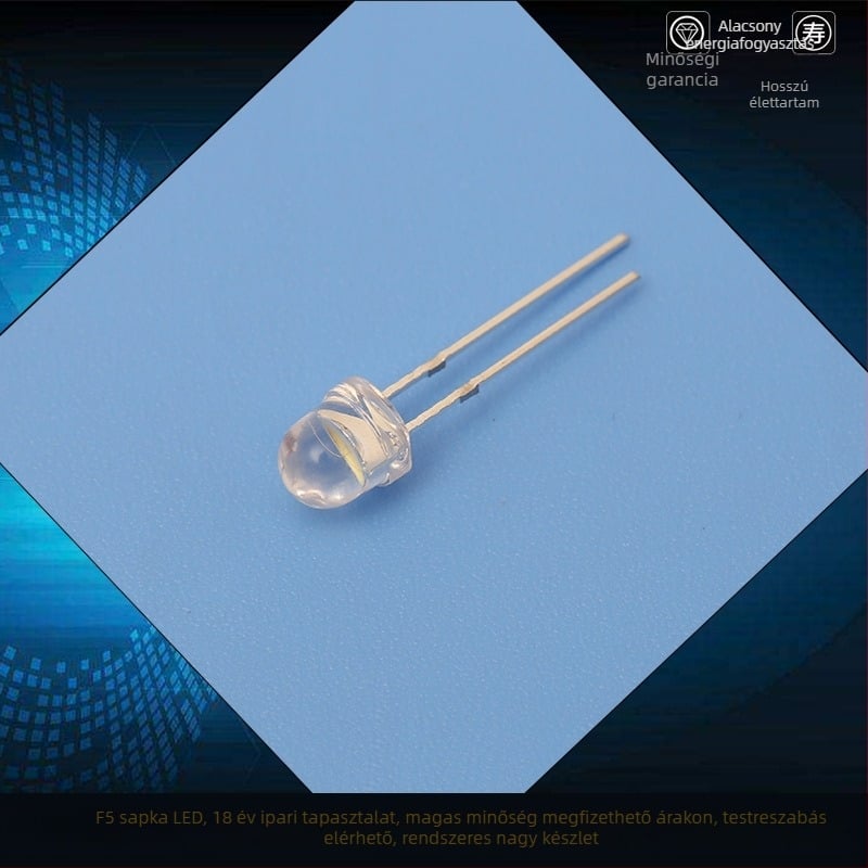 5 mm-es LED gyöngyök, F5 modell, egyenes csatlakozás, 2,8–3,2 V, 20 mA, 0,2 W, 60° sugárzás, fényáram 7–8 lm