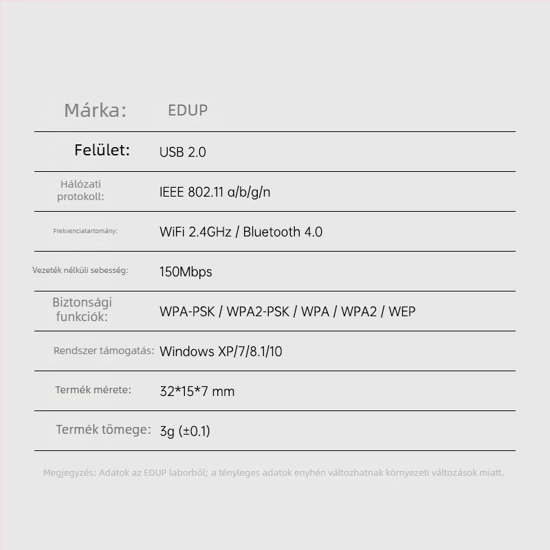 EDUP EP-N8568 USB Vezeték Nélküli Hálózati Kártya Bluetooth adapter - 2,4 GHz, 150 Mbps, IEEE 802.11b/g/n