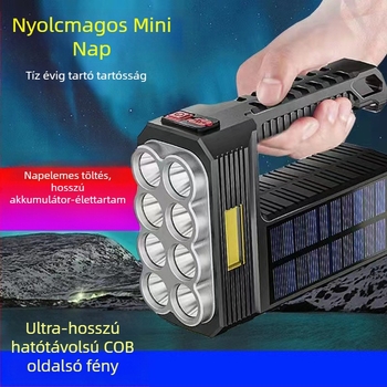 Napelemes USB újratölthető zseblámpa, ultra fényes, ABS tokozás (20W, 4800 mAh, napelemes energia, fényforrás Bulb+COB, hatótáv 200–500 m)