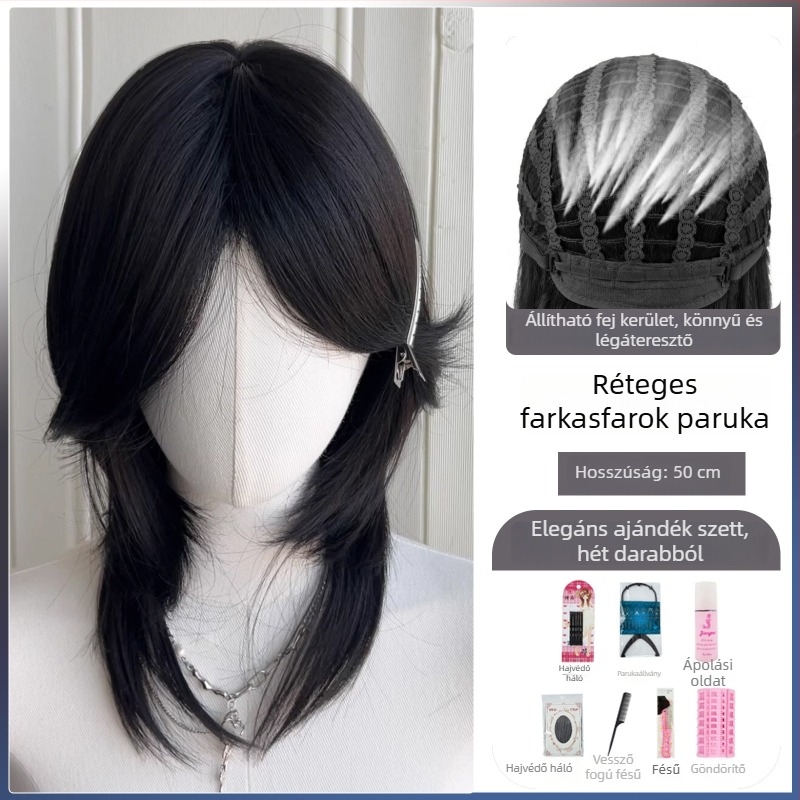 Mullet paróka farkasfarokkal, uniszex, teljes fejfedő, japán stílusú hőálló szintetikus rostokból, hosszú frufru