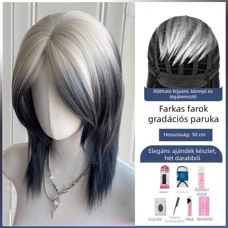 Mullet paróka farkasfarokkal, uniszex, teljes fejfedő, japán stílusú hőálló szintetikus rostokból, hosszú frufru