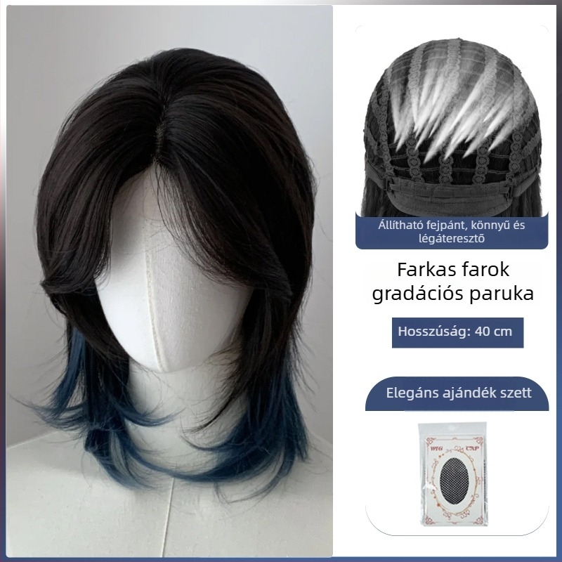 Mullet paróka farkasfarokkal, uniszex, teljes fejfedő, japán stílusú hőálló szintetikus rostokból, hosszú frufru