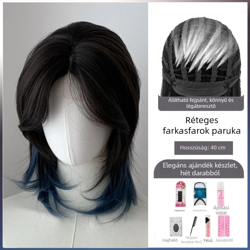 Mullet paróka farkasfarokkal, uniszex, teljes fejfedő, japán stílusú hőálló szintetikus rostokból, hosszú frufru