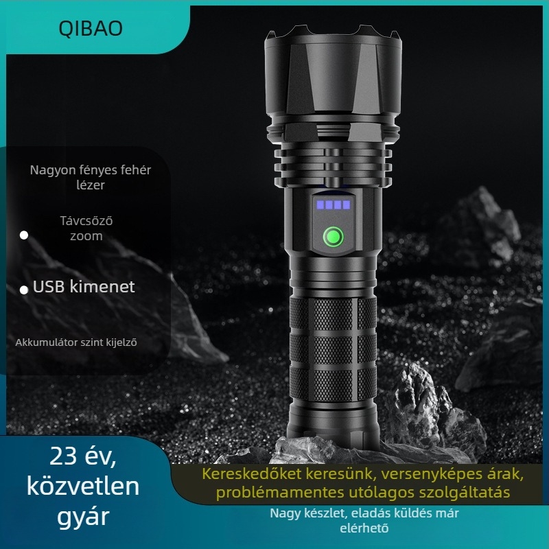 Láseres zseblámpa power display-szel, USB-C gyors töltés, 20W, vízálló (18650 akkumulátor, 100–200 m hatótávolság)
