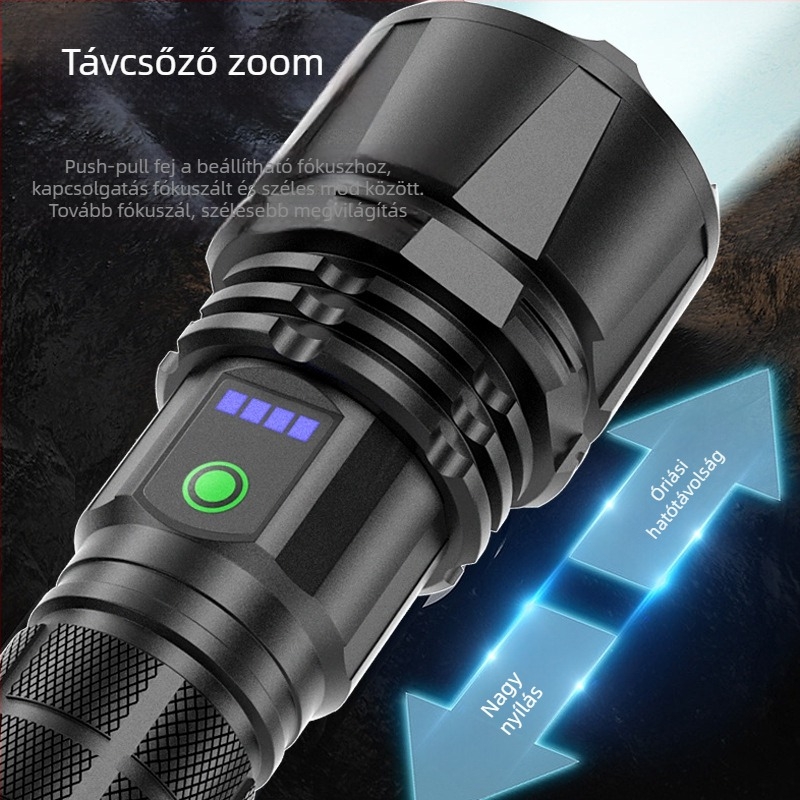 Láseres zseblámpa power display-szel, USB-C gyors töltés, 20W, vízálló (18650 akkumulátor, 100–200 m hatótávolság)