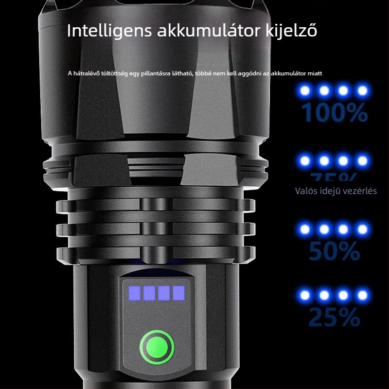 Láseres zseblámpa power display-szel, USB-C gyors töltés, 20W, vízálló (18650 akkumulátor, 100–200 m hatótávolság)