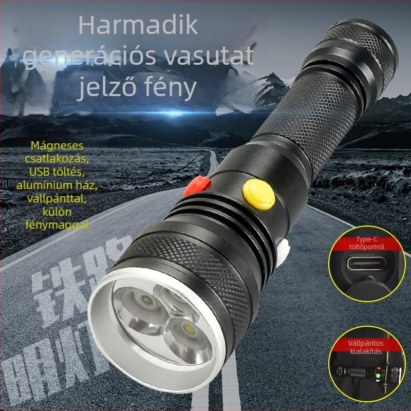 LED zseblámpa mágnessel, USB töltés, 2000 mAh akkumulátor, 100–200 m hatótávolság