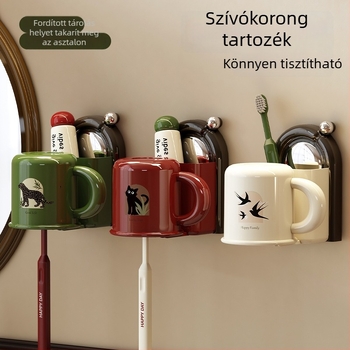 Falra szerelhető fogkefetartó szívókoronggal, műanyagból, pohár tárolóval, logónyomás elérhető
