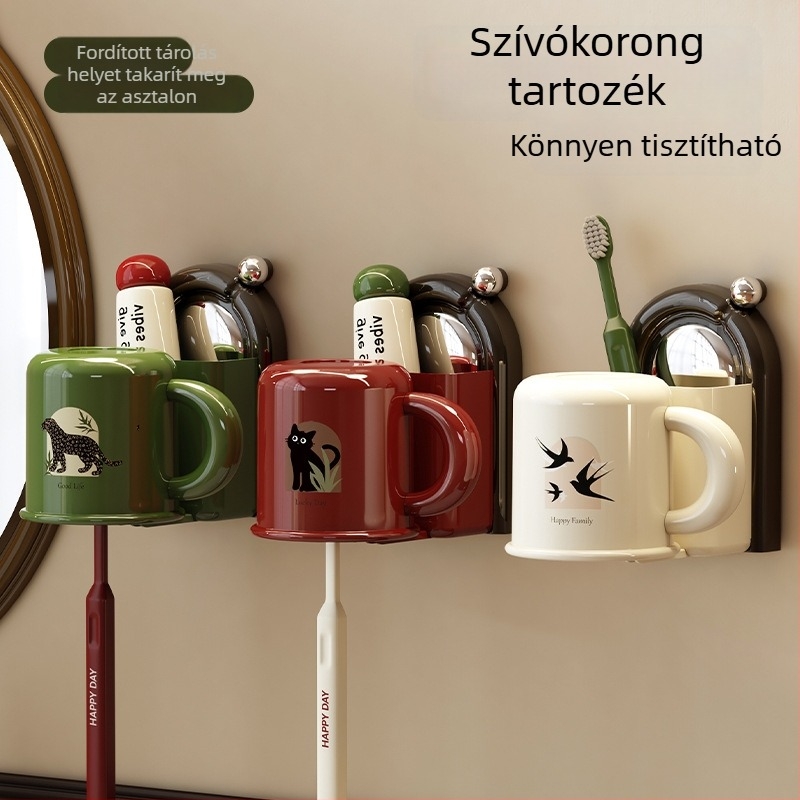 Falra szerelhető fogkefetartó szívókoronggal, műanyagból, pohár tárolóval, logónyomás elérhető