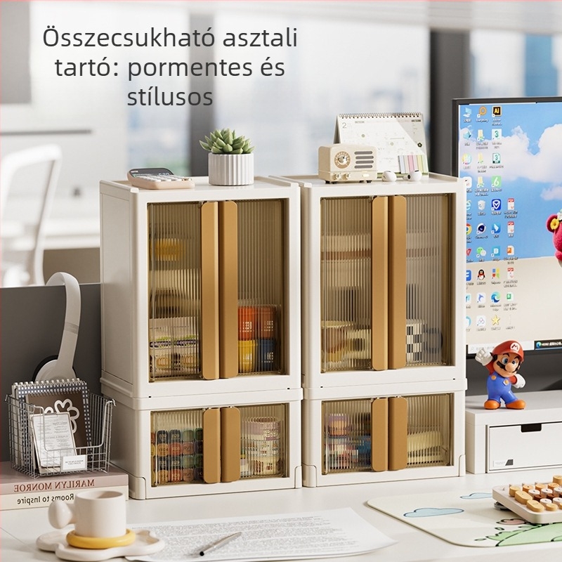 Íróasztali tároló doboz – összecsukható, fedéllel, egymásra tehető és porálló dizájn; Modell: XH-HE075/082; Anyag: PP+PS+HIPS (100% új anyag); Stílus: világos luxus