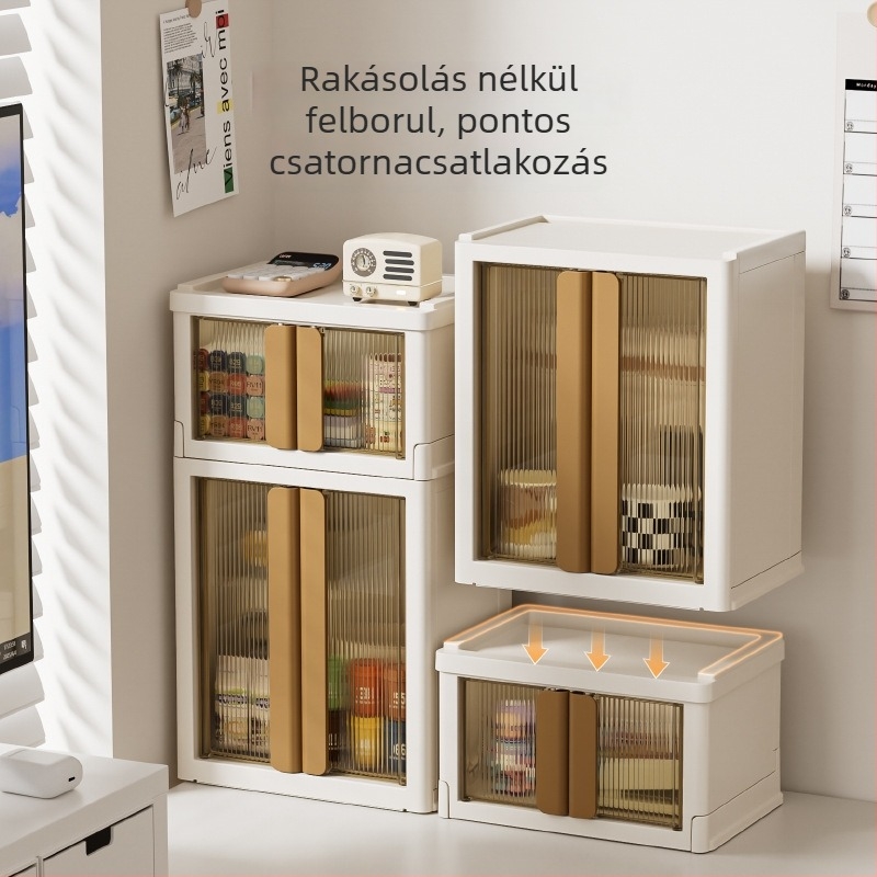 Íróasztali tároló doboz – összecsukható, fedéllel, egymásra tehető és porálló dizájn; Modell: XH-HE075/082; Anyag: PP+PS+HIPS (100% új anyag); Stílus: világos luxus