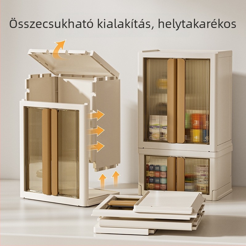 Íróasztali tároló doboz – összecsukható, fedéllel, egymásra tehető és porálló dizájn; Modell: XH-HE075/082; Anyag: PP+PS+HIPS (100% új anyag); Stílus: világos luxus