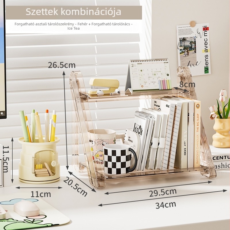Íróasztali tároló doboz – összecsukható, fedéllel, egymásra tehető és porálló dizájn; Modell: XH-HE075/082; Anyag: PP+PS+HIPS (100% új anyag); Stílus: világos luxus