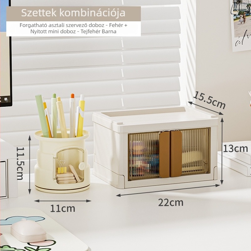 Íróasztali tároló doboz – összecsukható, fedéllel, egymásra tehető és porálló dizájn; Modell: XH-HE075/082; Anyag: PP+PS+HIPS (100% új anyag); Stílus: világos luxus