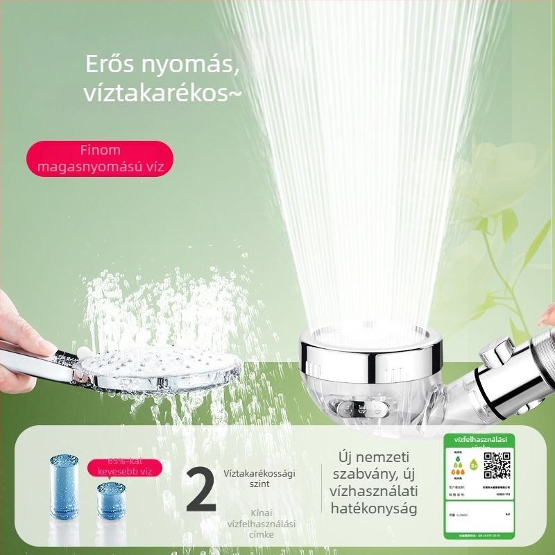 Nyomásos szűrős zuhanyfej, ABS testtel, deklorálás és negatív ionos szűrés, három üzemmód, 0–99°C működési tartomány