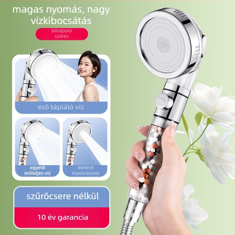 Nyomásos szűrős zuhanyfej, ABS testtel, deklorálás és negatív ionos szűrés, három üzemmód, 0–99°C működési tartomány