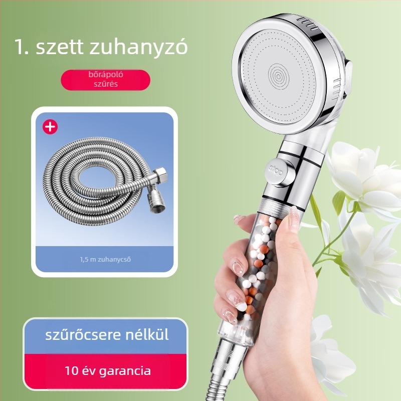 Nyomásos szűrős zuhanyfej, ABS testtel, deklorálás és negatív ionos szűrés, három üzemmód, 0–99°C működési tartomány