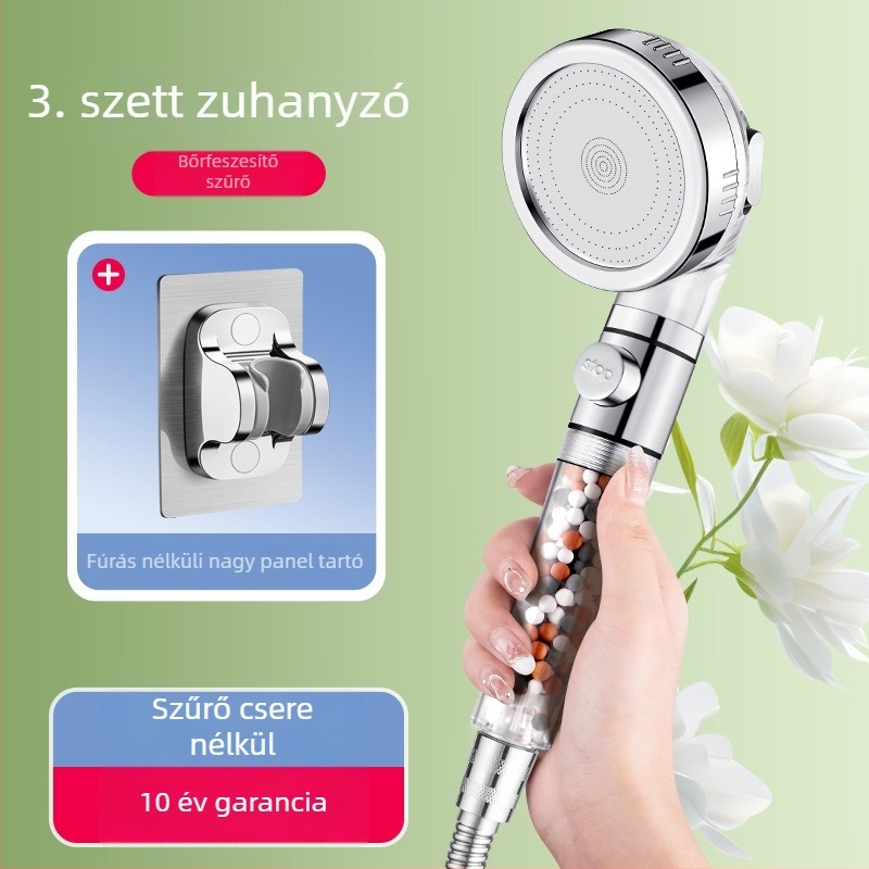 Nyomásos szűrős zuhanyfej, ABS testtel, deklorálás és negatív ionos szűrés, három üzemmód, 0–99°C működési tartomány