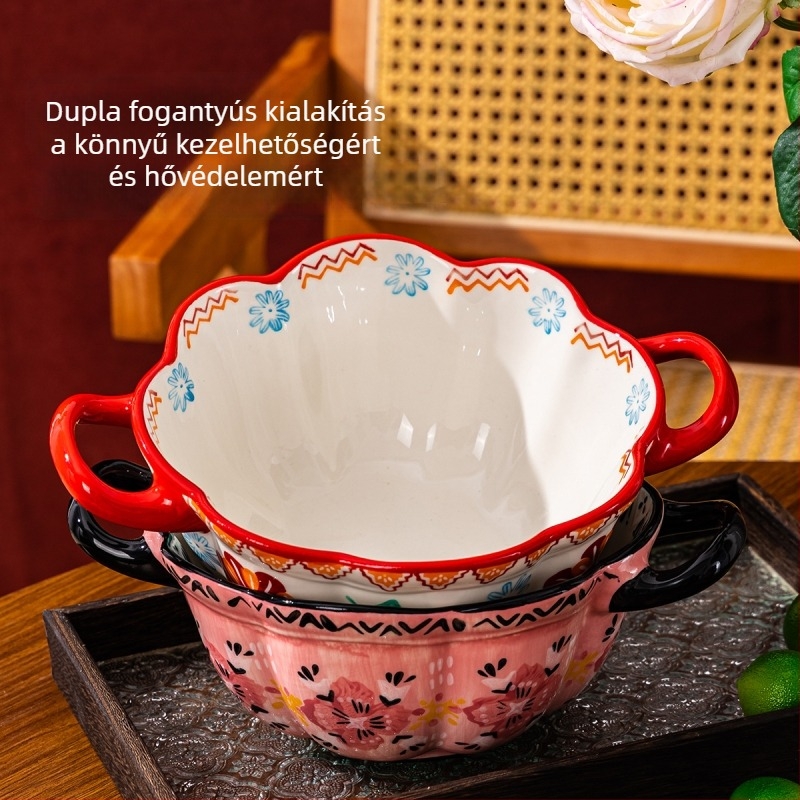 Songfa porcelán tál dupla fülekkel, aláglazúrral felület, kézzel festett, mikróhullámú sütőben használható