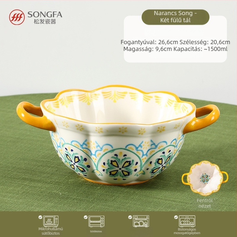 Songfa porcelán tál dupla fülekkel, aláglazúrral felület, kézzel festett, mikróhullámú sütőben használható