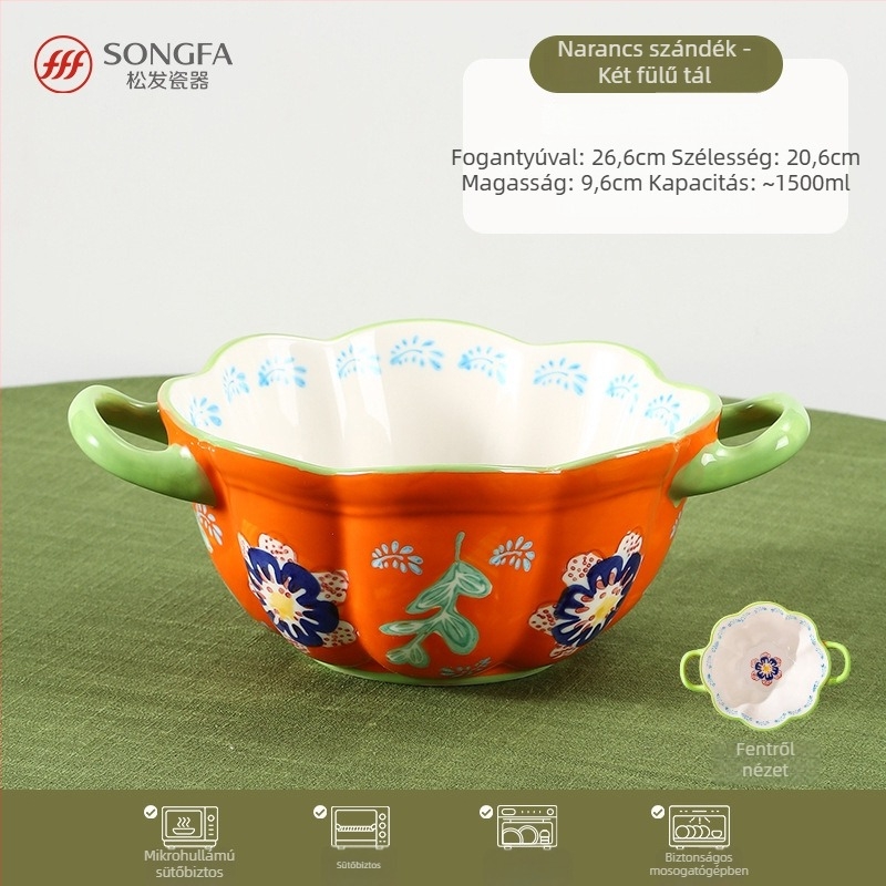 Songfa porcelán tál dupla fülekkel, aláglazúrral felület, kézzel festett, mikróhullámú sütőben használható