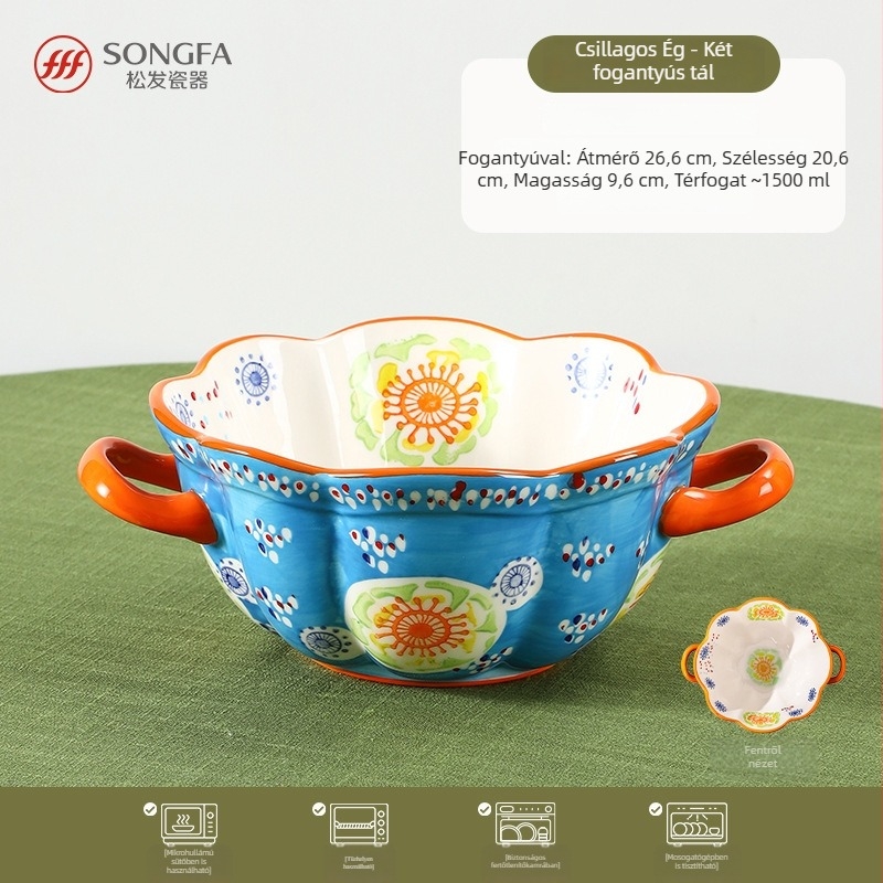 Songfa porcelán tál dupla fülekkel, aláglazúrral felület, kézzel festett, mikróhullámú sütőben használható