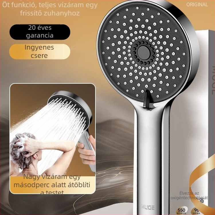 Zuhanyfej erőteljes permettel, nyomás alatt álló víz kiáramlás, kör alakú, falra szerelhető, ABS anyag