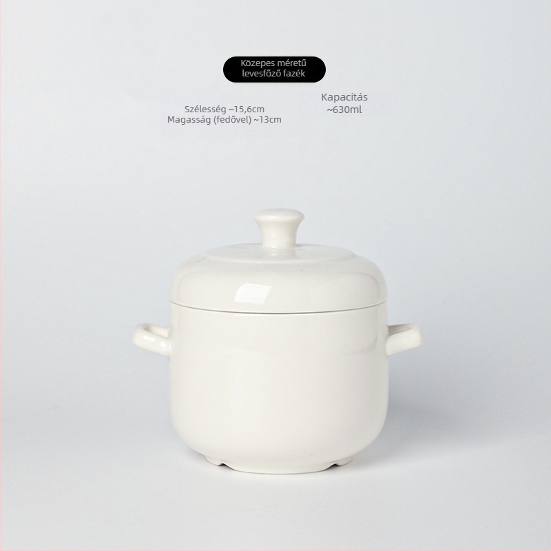 Porcelán főzőedény fedővel, dupla fülű, logóval testre szabható, aláglazúros felülettel, szállodai konyhai kerámia