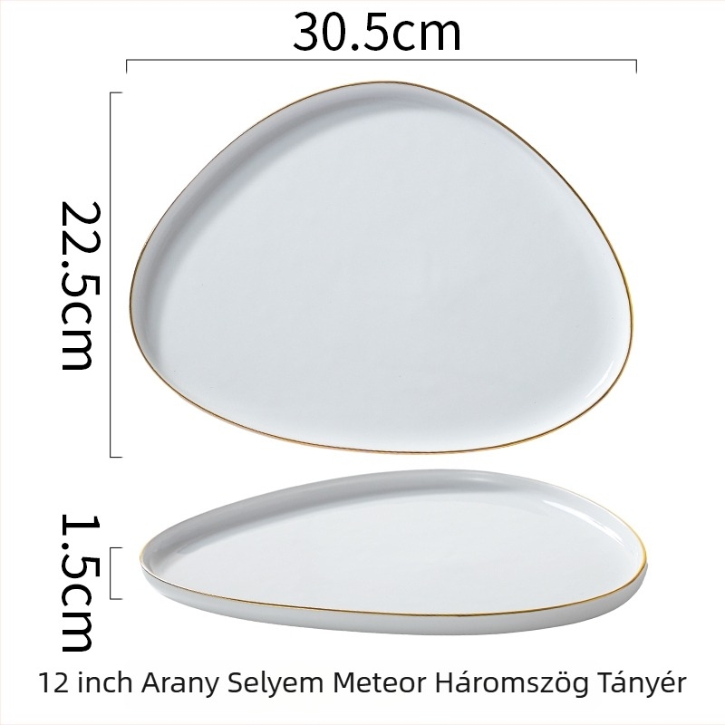 Porcelán háromszög steak-tányér, nordikus stílus, arany díszítés, kerámia speciális formában