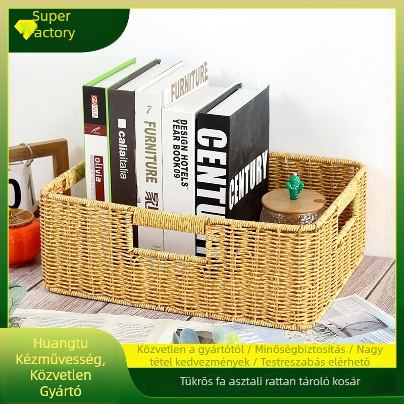 PP asztali rendező kosár, kézműves, rattan stílus, modell 1028, Huangtu Process, könyvek és magazinok számára, modern minimalizmus