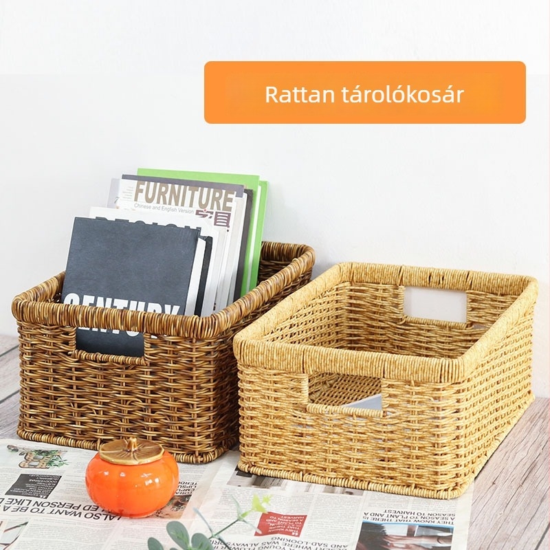 PP asztali rendező kosár, kézműves, rattan stílus, modell 1028, Huangtu Process, könyvek és magazinok számára, modern minimalizmus