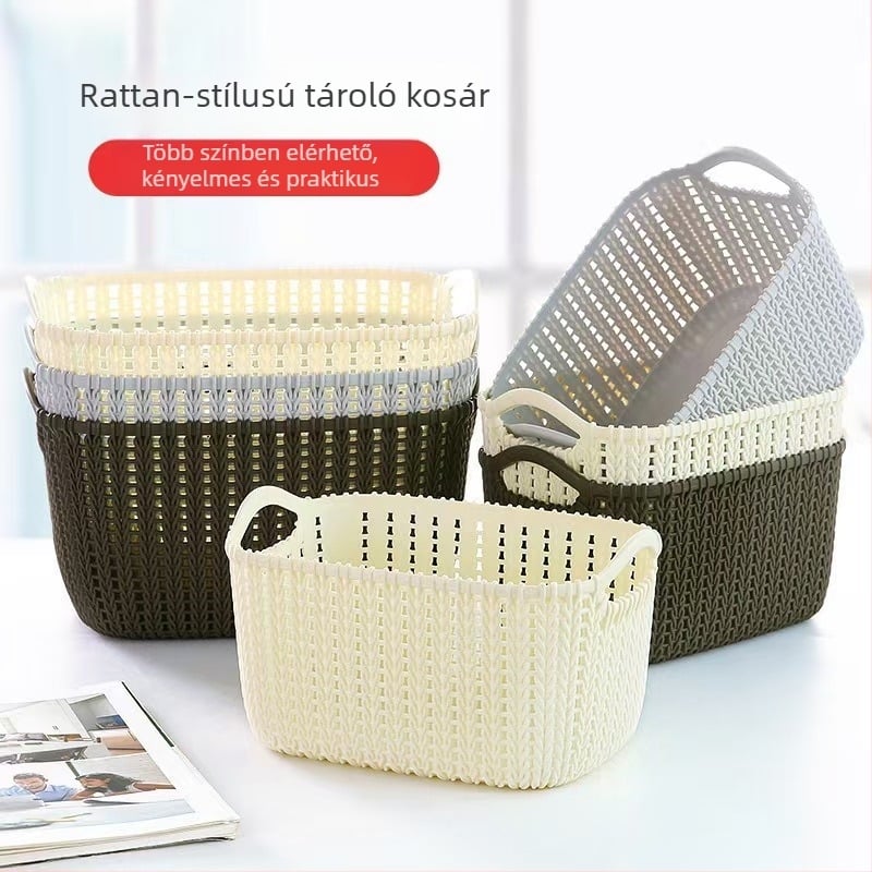 Mini műanyag rattanhatású tárolókosár, fogantyúval, többfunkciós, japán stílus