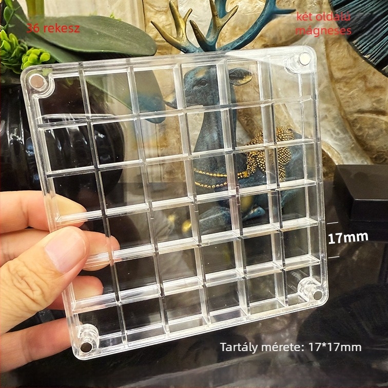 Akril mágneses rekeszes doboz kagyló motívumú fényképkerettel, egy- és dupla oldalú, mini ékszertároló, modern letisztult stílus