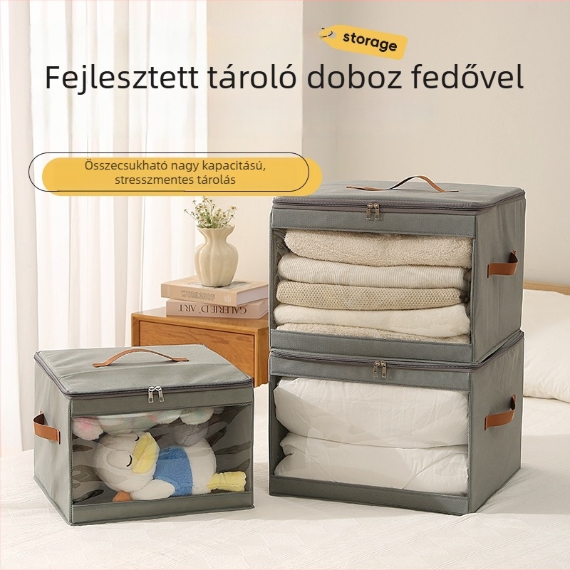 Fedéllel ellátott tároló doboz, 60 L kapacitás, összecsukható, nem szőtt anyagból