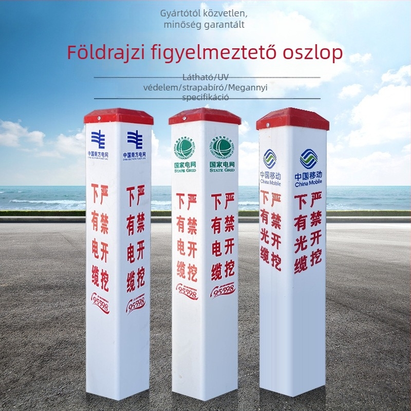 FRP figyelmeztető oszlopok gáz- és olajvezetékekhez; PVC vízellátó jelzőoszlopok; cementes energia- és közműoszlopok; II. osztályú fényvisszaverő fólia; szitanyomásos nyomtatás; alakzatok négyzet, kör, háromszög; testreszabható