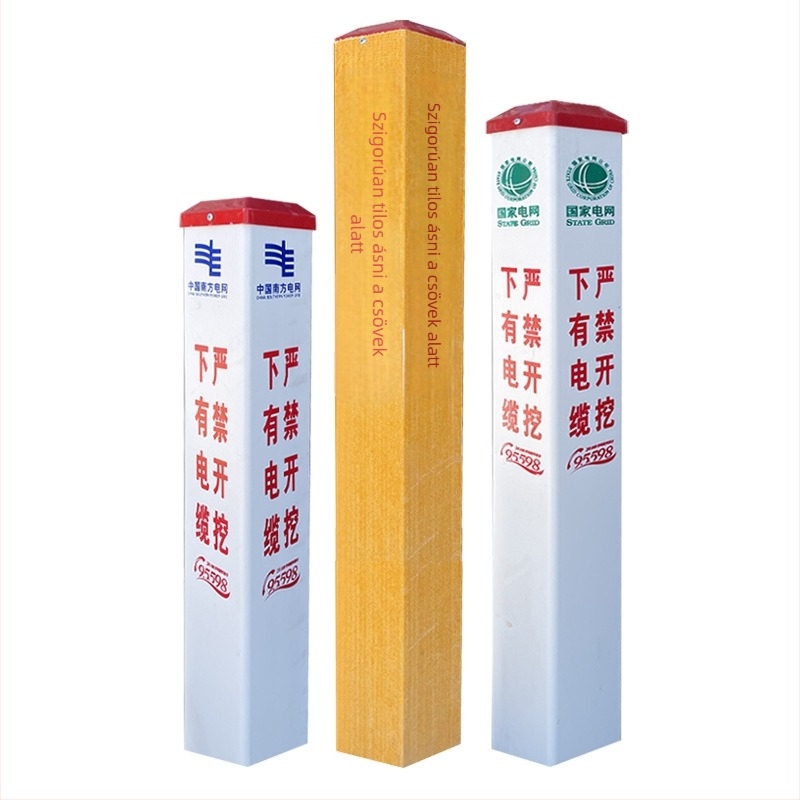 FRP figyelmeztető oszlopok gáz- és olajvezetékekhez; PVC vízellátó jelzőoszlopok; cementes energia- és közműoszlopok; II. osztályú fényvisszaverő fólia; szitanyomásos nyomtatás; alakzatok négyzet, kör, háromszög; testreszabható