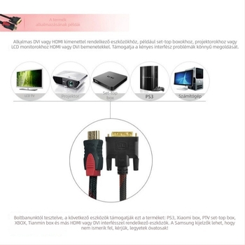 HDMI–DVI adapter kábel, 24+1 érintkező, 1.5 m hosszú, aranyozott csatlakozók, réz bevonatú acél vezetők