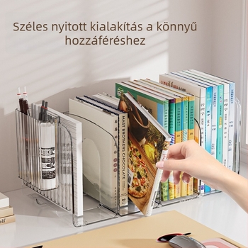 Átlátszó PET-asztali rendező osztott rekeszekkel, tolltartóval és könyvállvánnyal