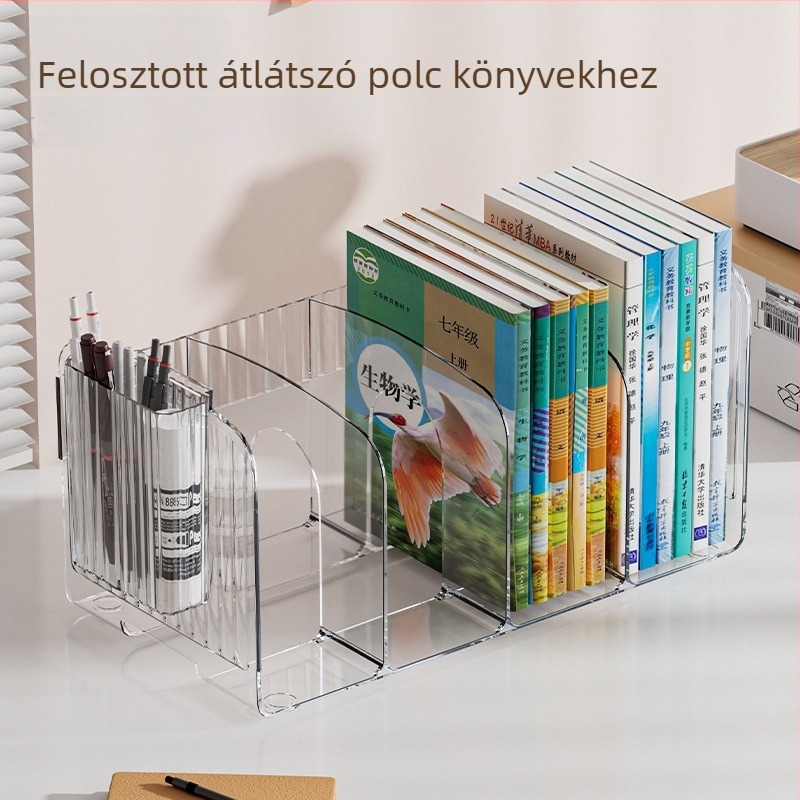 Átlátszó PET-asztali rendező osztott rekeszekkel, tolltartóval és könyvállvánnyal