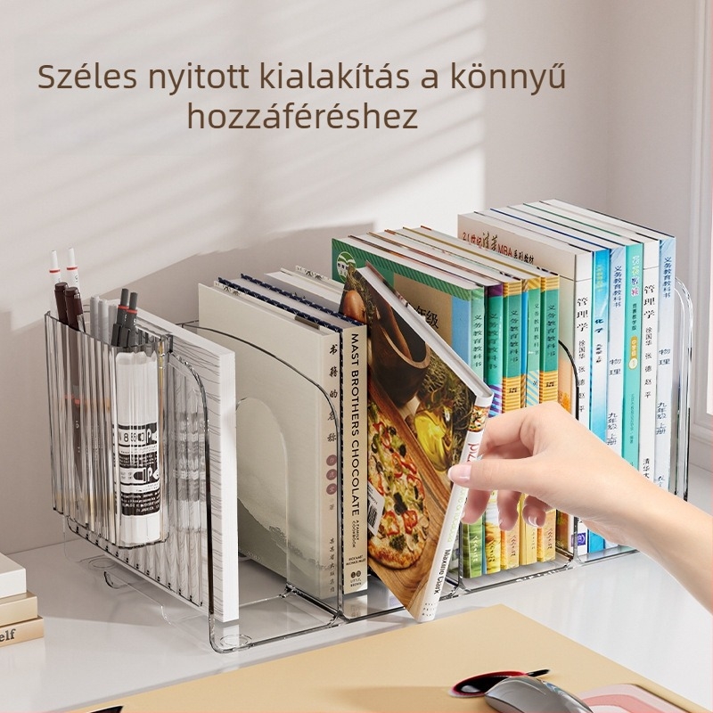 Átlátszó PET-asztali rendező osztott rekeszekkel, tolltartóval és könyvállvánnyal