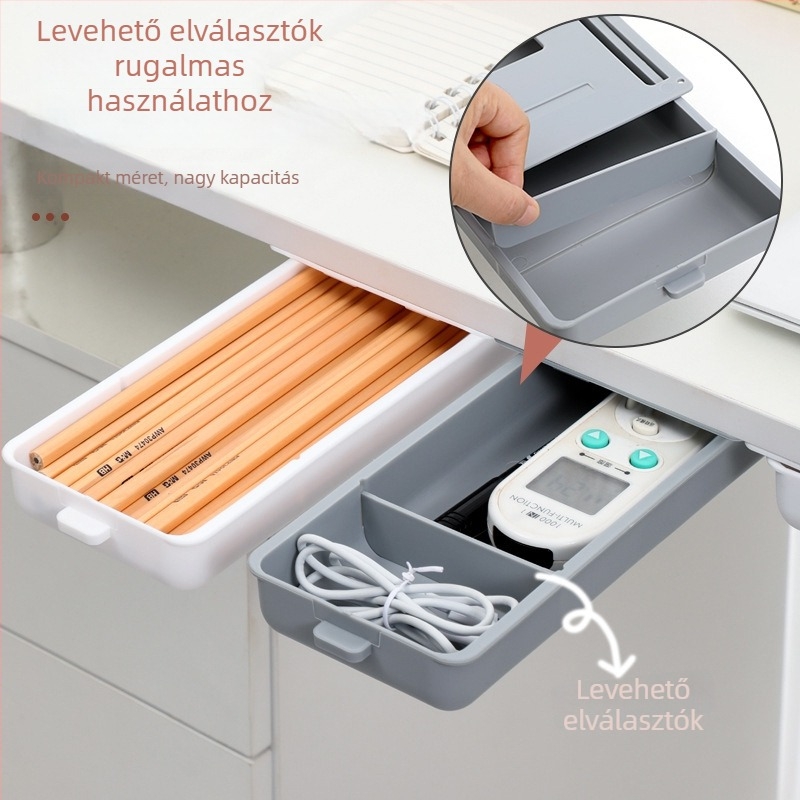 Íróasztal alatti rejtett fiókos tároló doboz, PP műanyag, 1 L kapacitás, modell 1072, modern minimalista stílus