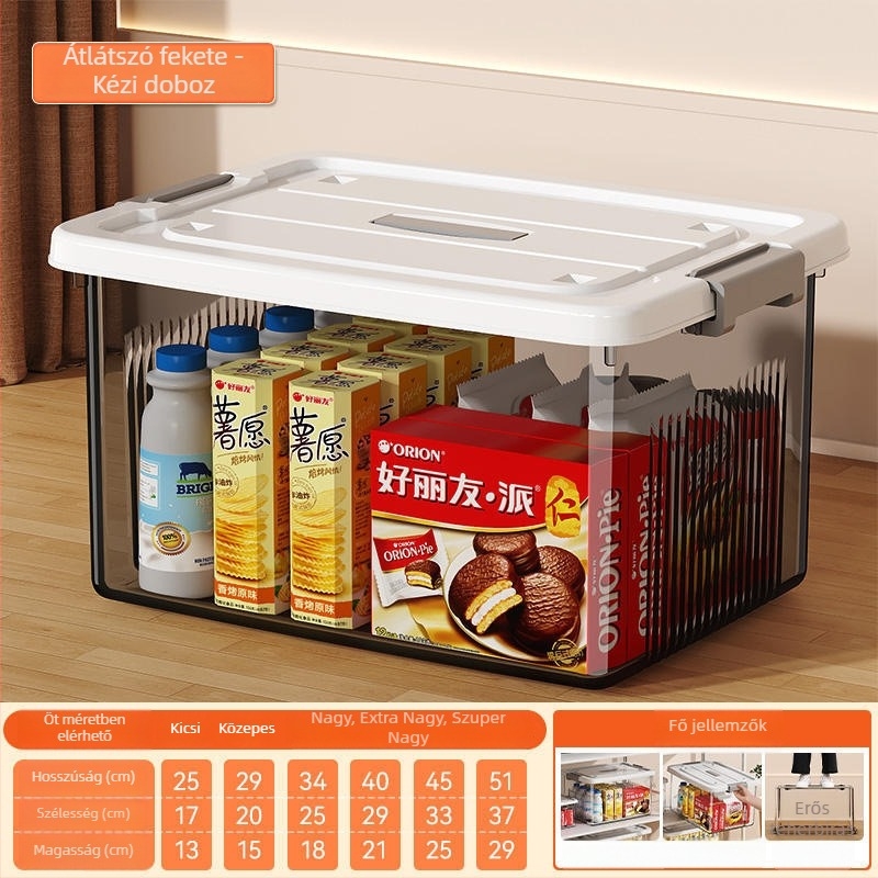 Átlátszó műanyag tárolódoboz kerekekkel, hordozható, kézi hordozás, kattintós zár, kapacitás 40–50 L