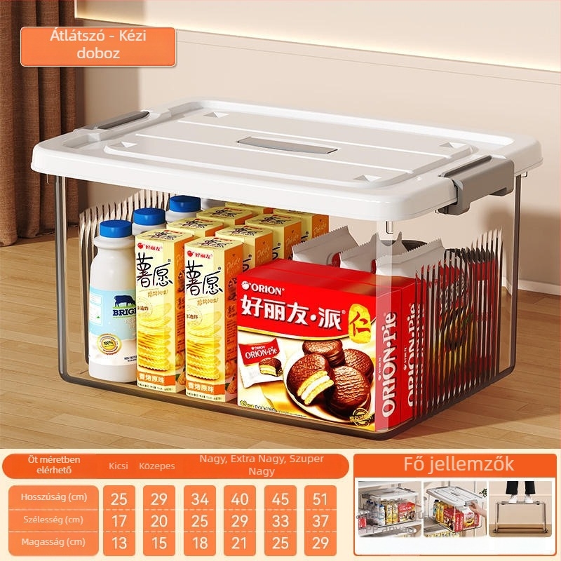 Átlátszó műanyag tárolódoboz kerekekkel, hordozható, kézi hordozás, kattintós zár, kapacitás 40–50 L