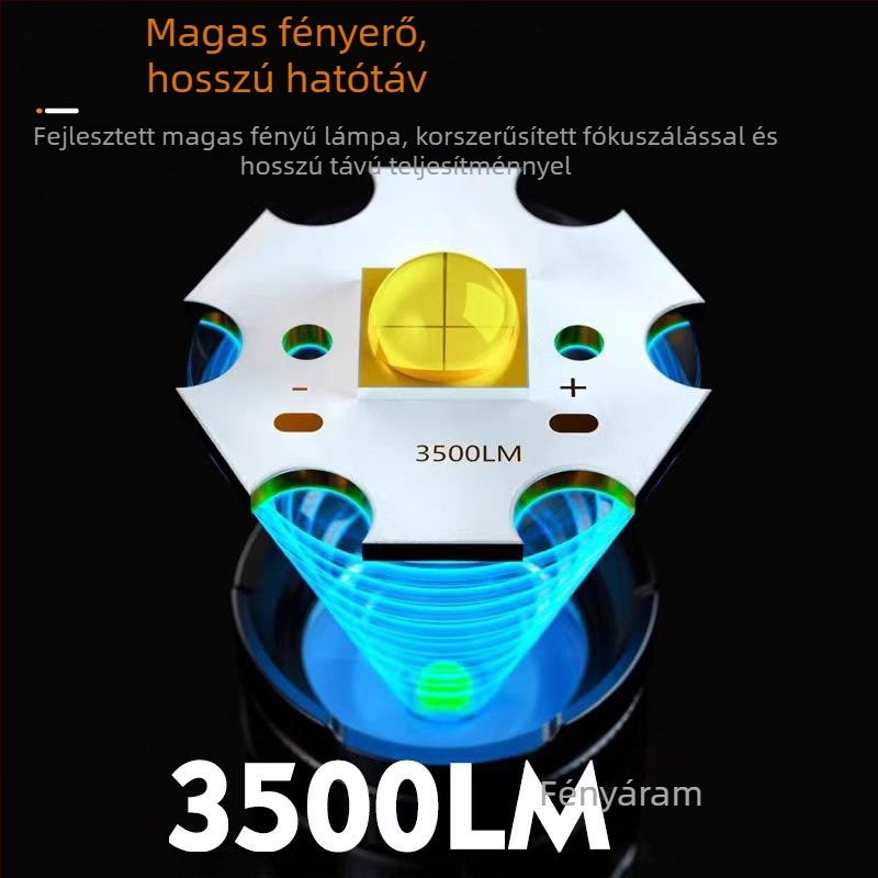 Kézi LED elemlámpa, ultrafényes fény, 15W, 1500lm, 1000m hatótáv, 3x18650 akkumulátor, IPX4