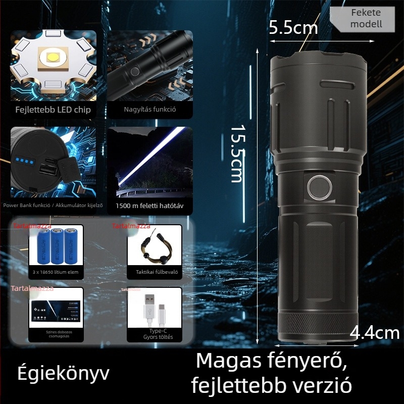 Kézi LED elemlámpa, ultrafényes fény, 15W, 1500lm, 1000m hatótáv, 3x18650 akkumulátor, IPX4