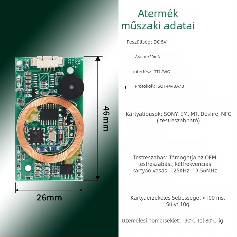 RFID kétfrekvenciás kártyaolvasó modul IDIC kártyával, TTL soros interfész, WG interfész, érintés nélküli olvasó, 1/60 s szkennelési sebesség